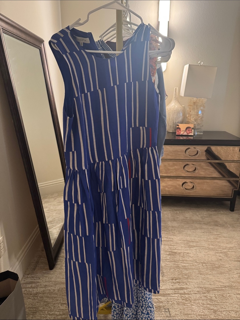 Lafayette 148 New York Blue and White Vertical-Striped Sleeveless Midi Dress